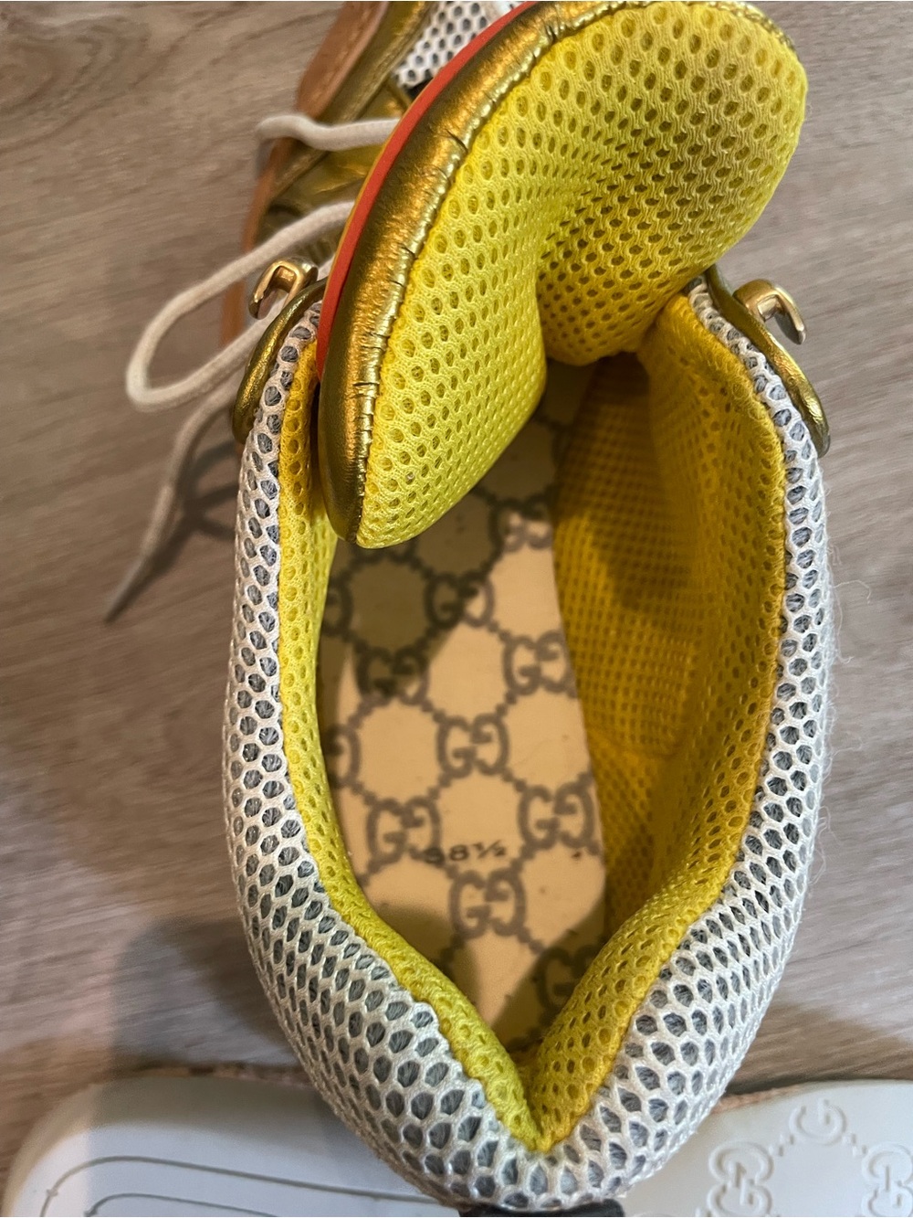 Gucci Metallic Gold, White & Tan Mesh Athletic Sneakers - Picture 10 of 13